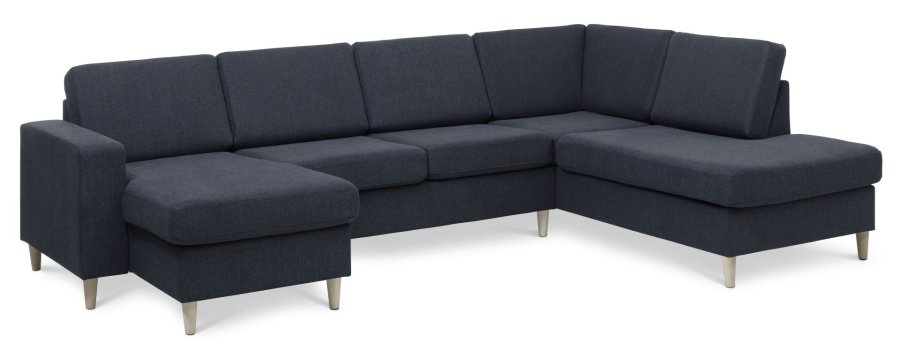 Pannesett 5 U OE hyre sofa med sjeselong - bltt polyesterstoff og naturlig tre