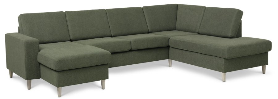 Pannesett 5 U OE hyre sofa med sjeselong - vinter mosegrnt polyesterstoff og naturlig tre