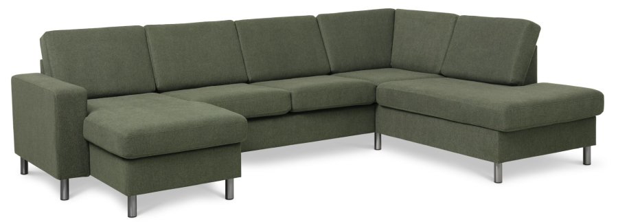 Pannesett 5 U OE hyre sofa med sjeselong - vinter mosegrnt polyesterstoff og brstet aluminium