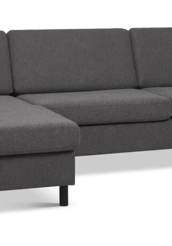 Pannesett 8 3D XL sofa, m. sjeselong - antrasittgr polyesterstoff og sort tre