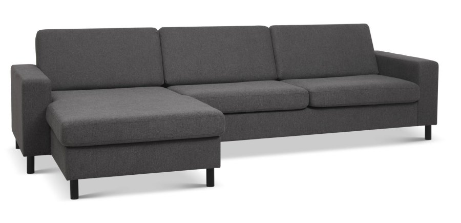 Pannesett 8 3D XL sofa, m. sjeselong - antrasittgr polyesterstoff og sort tre
