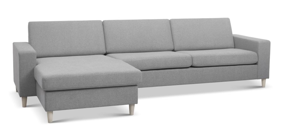 Pannesett 8 3D XL sofa, med sjeselong - grtt polyesterstoff og naturlig tre
