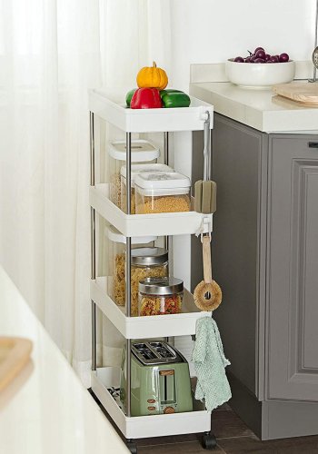 SONGMICS F�rvaringsvagn med 4 v�ningar, Rullvagn med hjul, Platsbesparande K�ksvagn f�r Kontor och Badrum, 40 x 22 x 86 cm, Vit KSC10WT