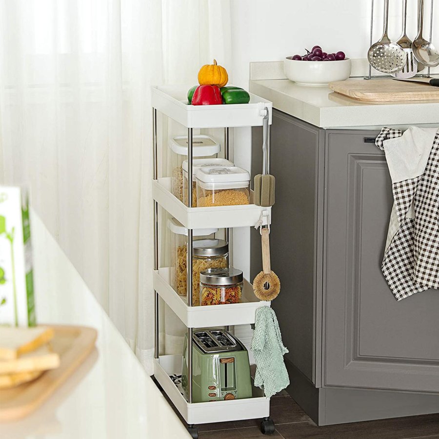 SONGMICS F�rvaringsvagn med 4 v�ningar, Rullvagn med hjul, Platsbesparande K�ksvagn f�r Kontor och Badrum, 40 x 22 x 86 cm, Vit KSC10WT
