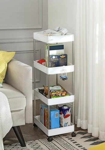 SONGMICS F�rvaringsvagn med 4 v�ningar, Rullvagn med hjul, Platsbesparande K�ksvagn f�r Kontor och Badrum, 40 x 22 x 86 cm, Vit KSC10WT
