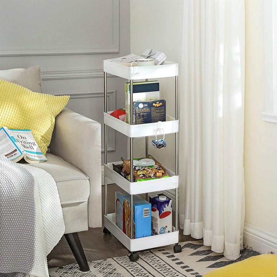 SONGMICS F�rvaringsvagn med 4 v�ningar, Rullvagn med hjul, Platsbesparande K�ksvagn f�r Kontor och Badrum, 40 x 22 x 86 cm, Vit KSC10WT