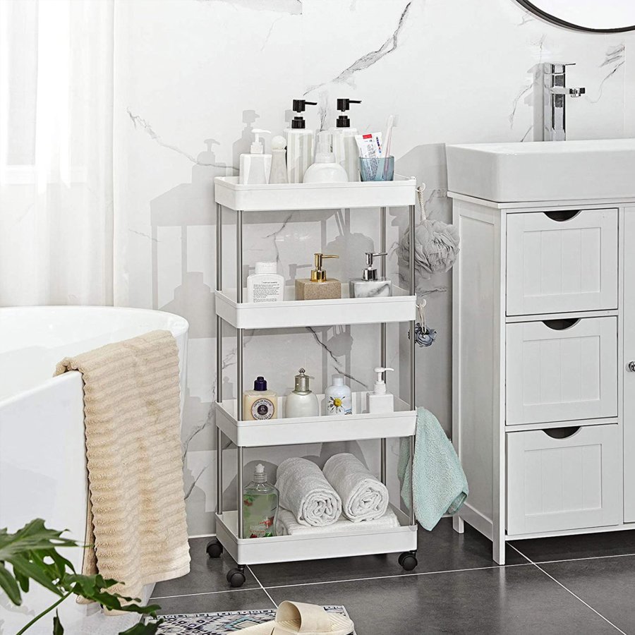 SONGMICS F�rvaringsvagn med 4 v�ningar, Rullvagn med hjul, Platsbesparande K�ksvagn f�r Kontor och Badrum, 40 x 22 x 86 cm, Vit KSC10WT