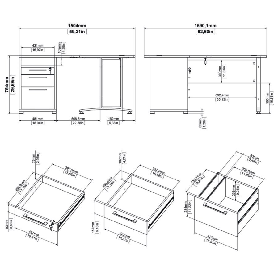 TVILUM Prima hjrneskrivebord - egetrsstruktur, m. 3 skuffer 