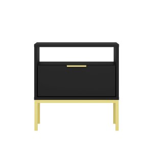 KOCOT Austin natbord, m. 1 ben hylde og 1 skuffe - sort lamineret spnplade og guld stl (55x33)