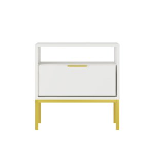 KOCOT Austin natbord, m. 1 ben hylde og 1 skuffe - hvid lamineret spnplade og guld stl (55x33)