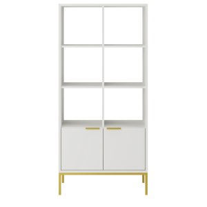KOCOT Austin bogreol, m. 2 lger og 6 bne hylder - hvid lamineret spnplade og guld stl
