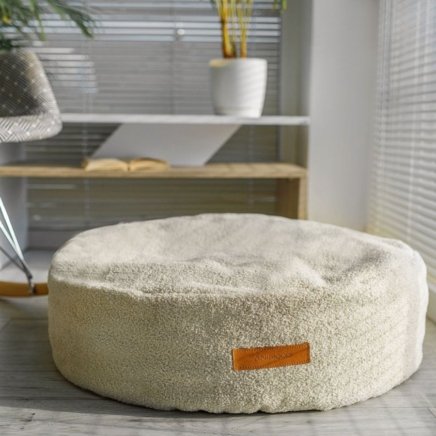 ANIMOOD Coco Pouf für Haustiere, rund – hellbeiger recycelter Bouclé-Stoff (67)