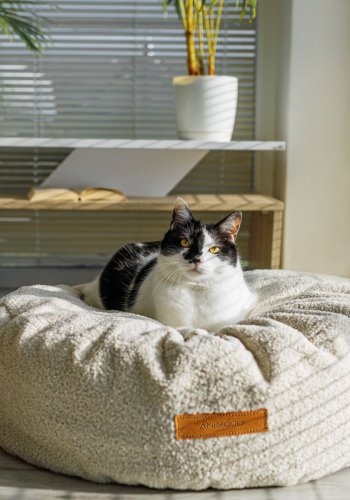 ANIMOOD Coco Pouf für Haustiere, rund – hellbeiger recycelter Bouclé-Stoff (67)