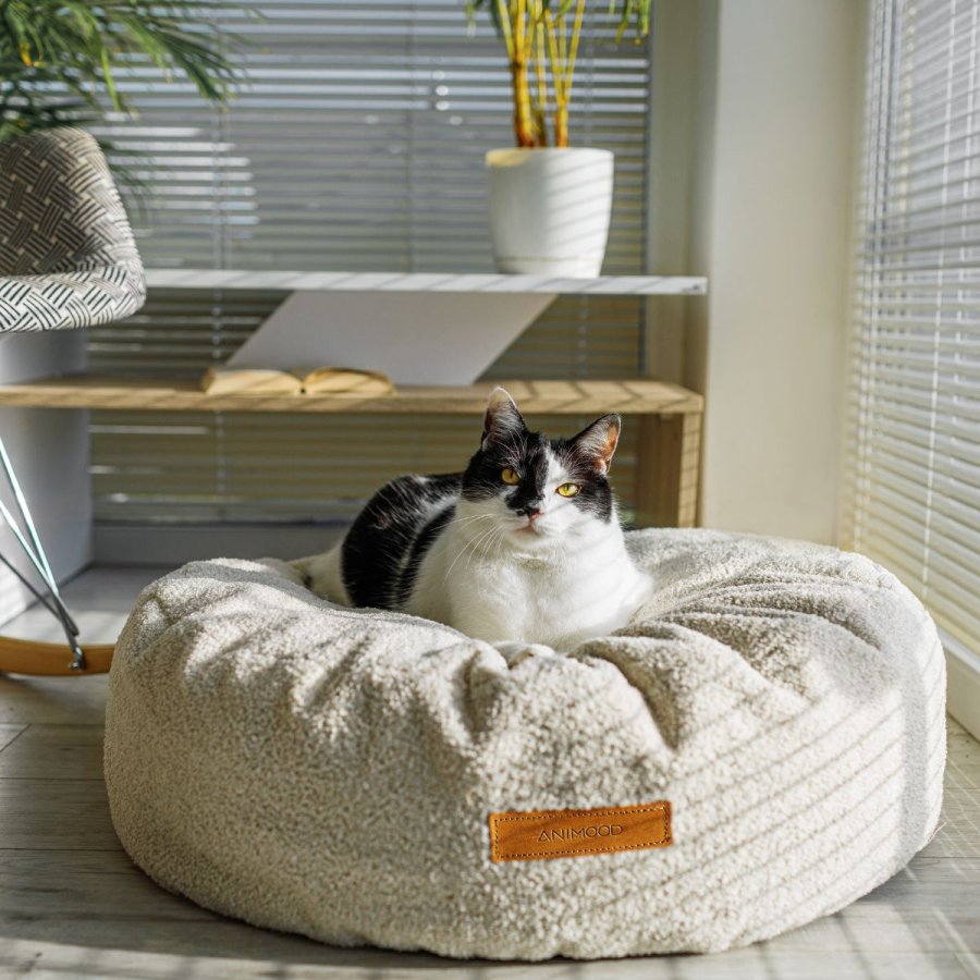 ANIMOOD Coco Pouf für Haustiere, rund – hellbeiger recycelter Bouclé-Stoff (67)