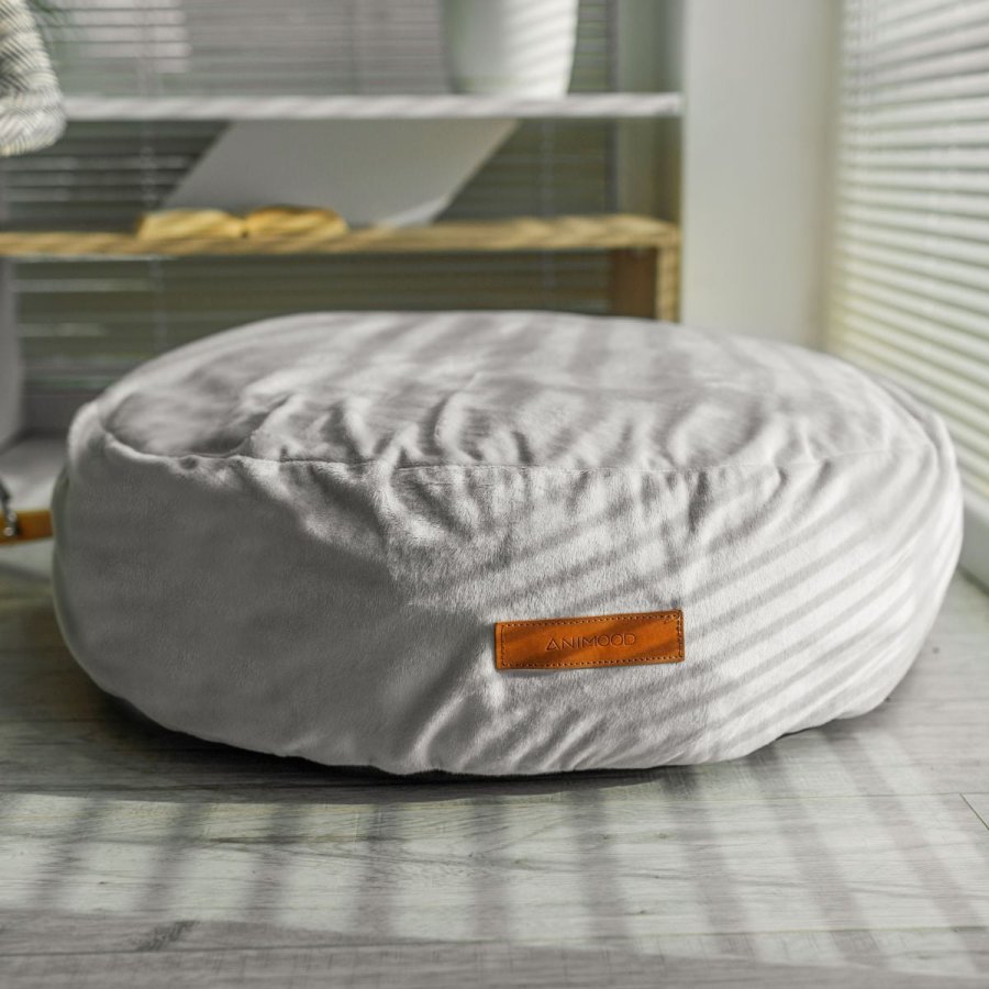 ANIMOOD Molly Pouf für Haustiere, rund – hellgrauer Samtstoff (67)