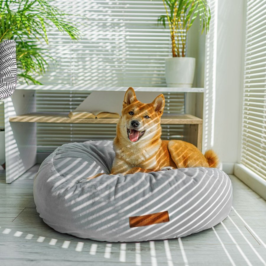 ANIMOOD Molly Pouf für Haustiere, rund – hellgrauer Samtstoff (67)