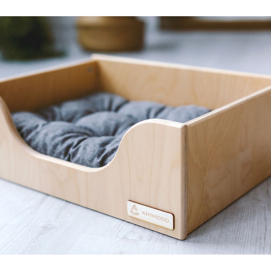 ANIMOOD Marti hundeseng, m. lys gr pute - naturlig kryssfiner (66x50)