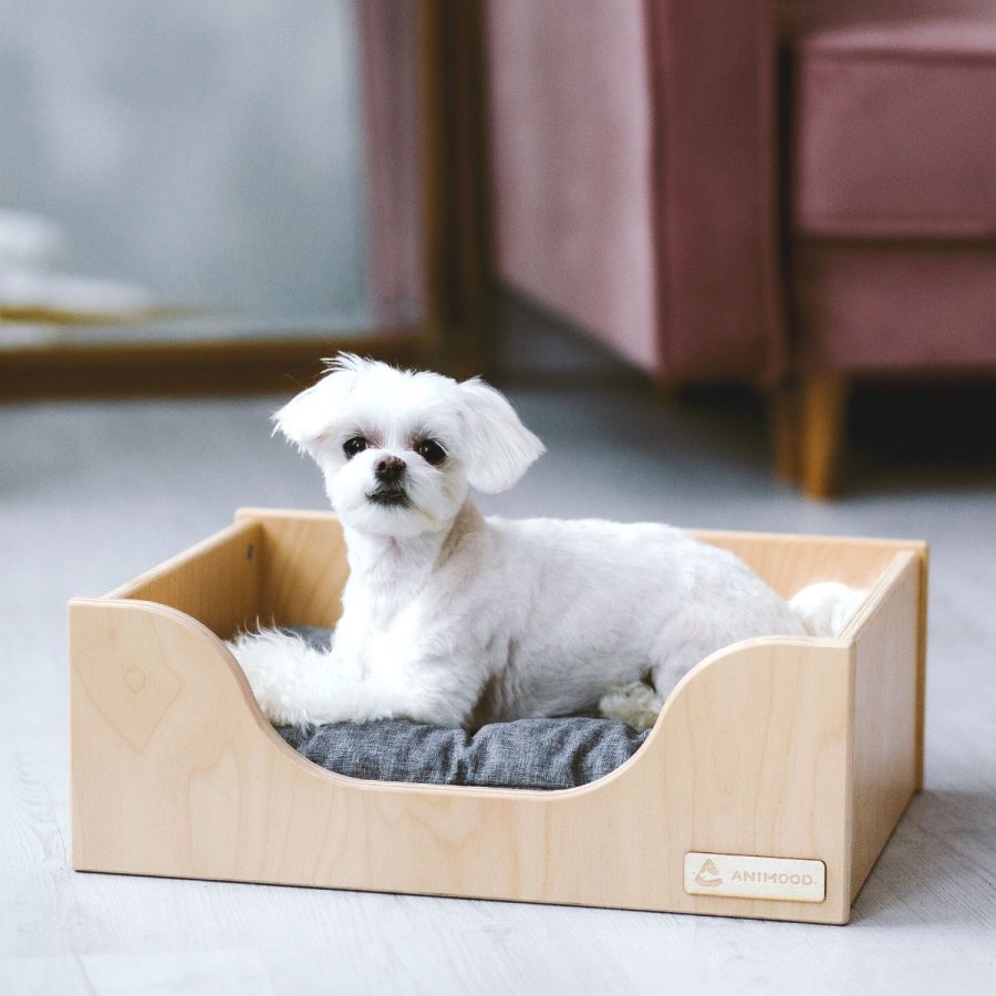 ANIMOOD Marti hundeseng, m. lys gr pute - naturlig kryssfiner (66x50)