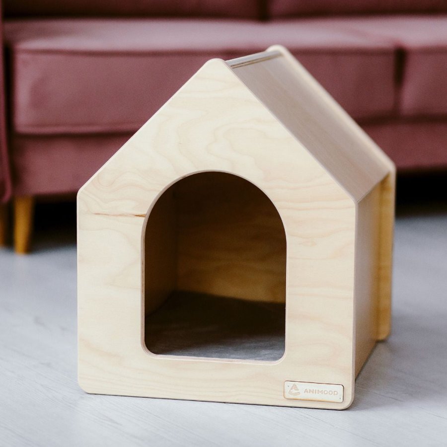 ANIMOOD Rico hundehus, med velurpute, rektangulr - naturlig kryssfiner (65x56)