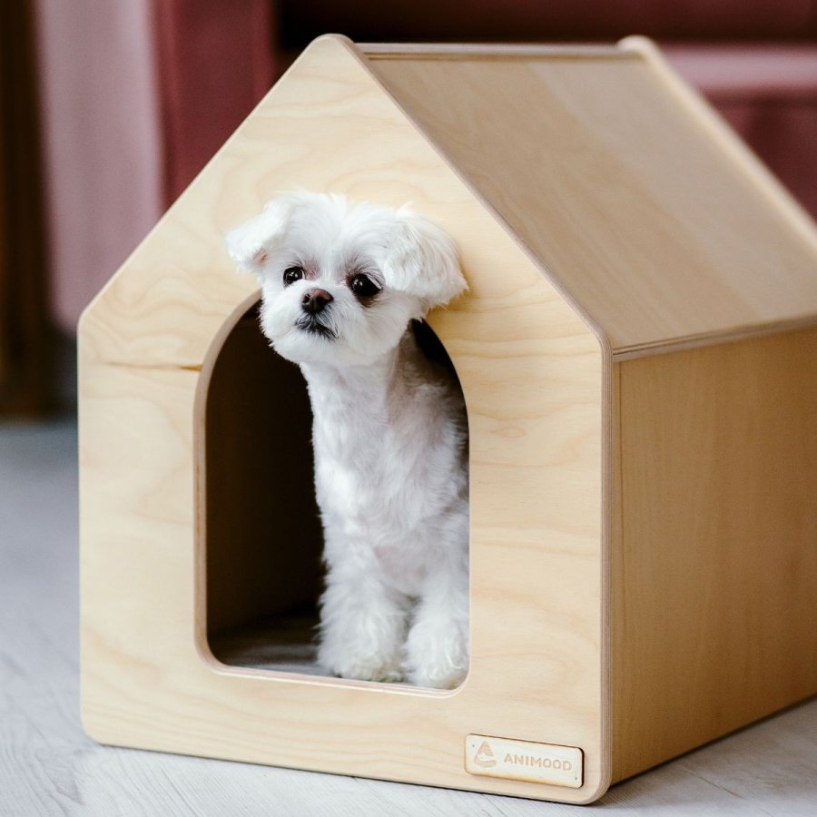 ANIMOOD Rico hundehus, med velurpute, rektangulr - naturlig kryssfiner (48x40)