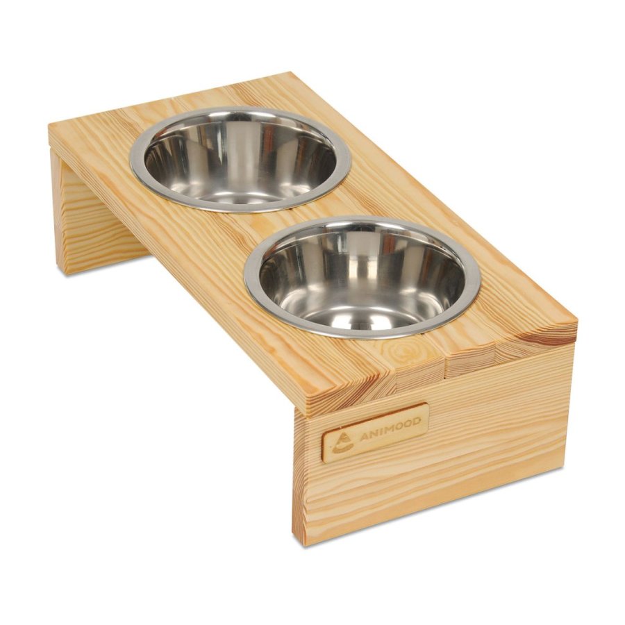 ANIMOOD Gloria Ständer für Hundenäpfe, mit Edelstahlnäpfen - Kiefer natur (36x12)