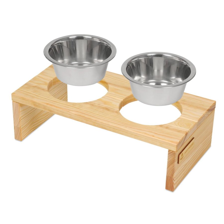 ANIMOOD Gloria Ständer für Hundenäpfe, mit Edelstahlnäpfen - Kiefer natur (36x12)