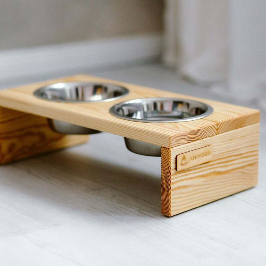 ANIMOOD Gloria Ständer für Hundenäpfe, mit Edelstahlnäpfen - Kiefer natur (36x12)