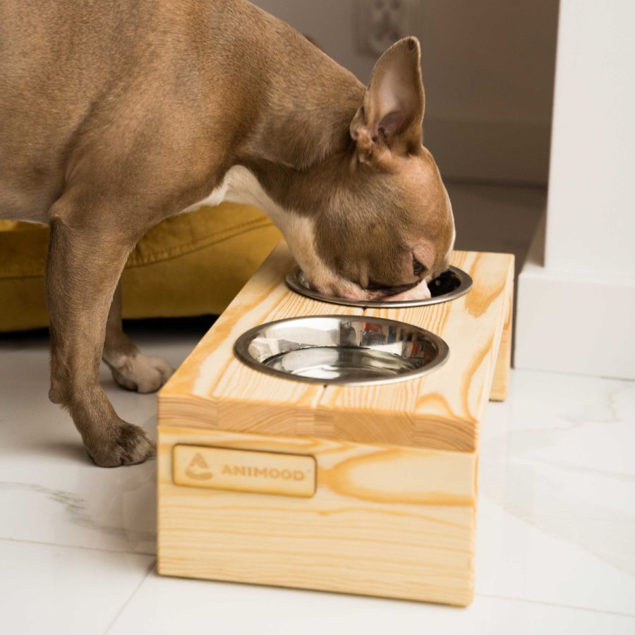 ANIMOOD Gloria Ständer für Hundenäpfe, mit Edelstahlnäpfen - Kiefer natur (36x12)
