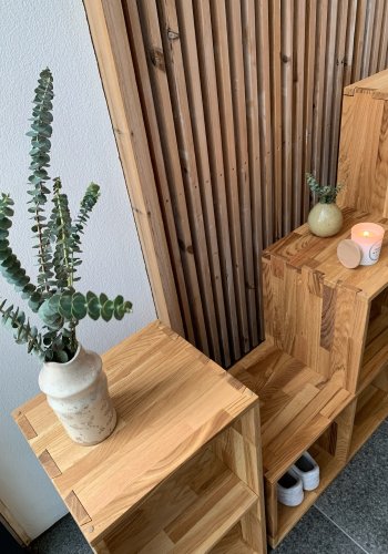 NOCNOI Puzzle rektangulr reol, m. 2 rum - massiv olieret eg, til vg/gulv (70x36)