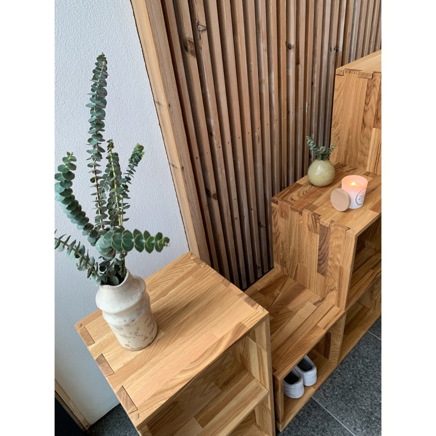 NOCNOI Puzzle rektangulr reol, m. 2 rum - massiv olieret eg, til vg/gulv (70x36)