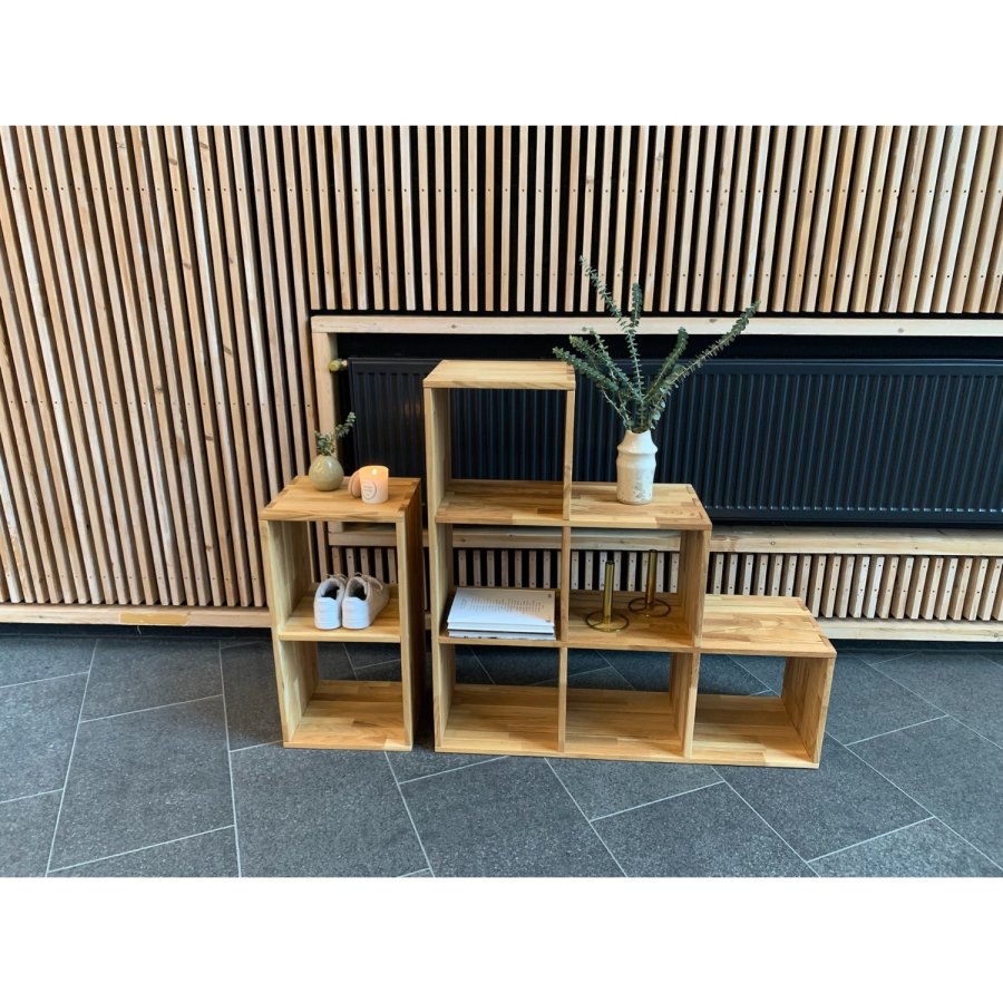 NOCNOI Puzzle rektangulr reol, m. 2 rum - massiv olieret eg, til vg/gulv (70x36)