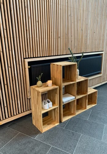 NOCNOI Puzzle rektangulr reol, m. 2 rum - massiv olieret eg, til vg/gulv (70x36)