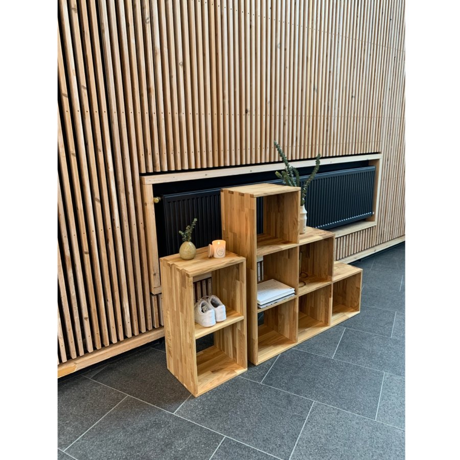 NOCNOI Puzzle rektangulr reol, m. 2 rum - massiv olieret eg, til vg/gulv (70x36)