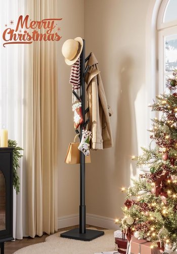 VASAGLE Garderobe, Massivholz, freistehende Garderobe mit 8 Haken f�r M�ntel, H�te, Taschen, Handtaschen, f�r Eingangsbereich, Flur, Haken und Stange aus Gummibaumholz, Tintenschwarz RCR010B01