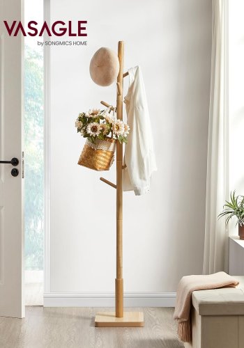VASAGLE Garderobenst�nder, Massivholz, freistehender Garderobenhaken mit 8 Haken f�r M�ntel, H�te, Taschen, Handtaschen, f�r Eingangsbereich, Haken und Stange aus Gummibaumholz, naturbeige RCR010N01