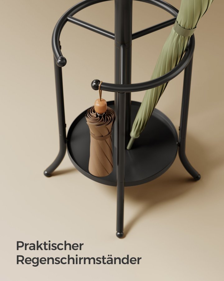 SONGMICS Frittst�ende klesstativ, kjolestativ med paraplyholder, 12 kroker, metall, 175 cm h�y, for gang, stue, soverom, blekksvart RCR011B01