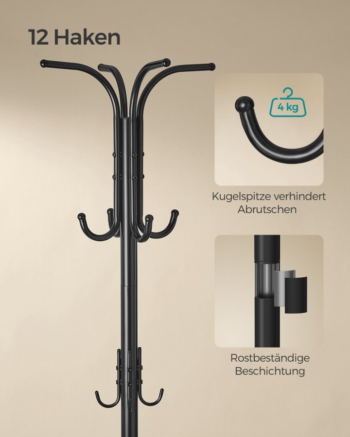 SONGMICS Frittst�ende klesstativ, kjolestativ med paraplyholder, 12 kroker, metall, 175 cm h�y, for gang, stue, soverom, blekksvart RCR011B01