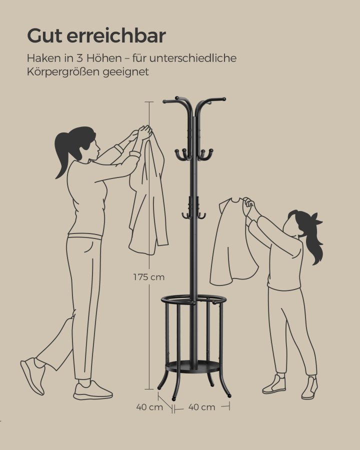 SONGMICS Frittst�ende klesstativ, kjolestativ med paraplyholder, 12 kroker, metall, 175 cm h�y, for gang, stue, soverom, blekksvart RCR011B01