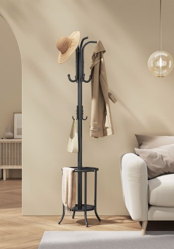 SONGMICS Frittst�ende klesstativ, kjolestativ med paraplyholder, 12 kroker, metall, 175 cm h�y, for gang, stue, soverom, blekksvart RCR011B01