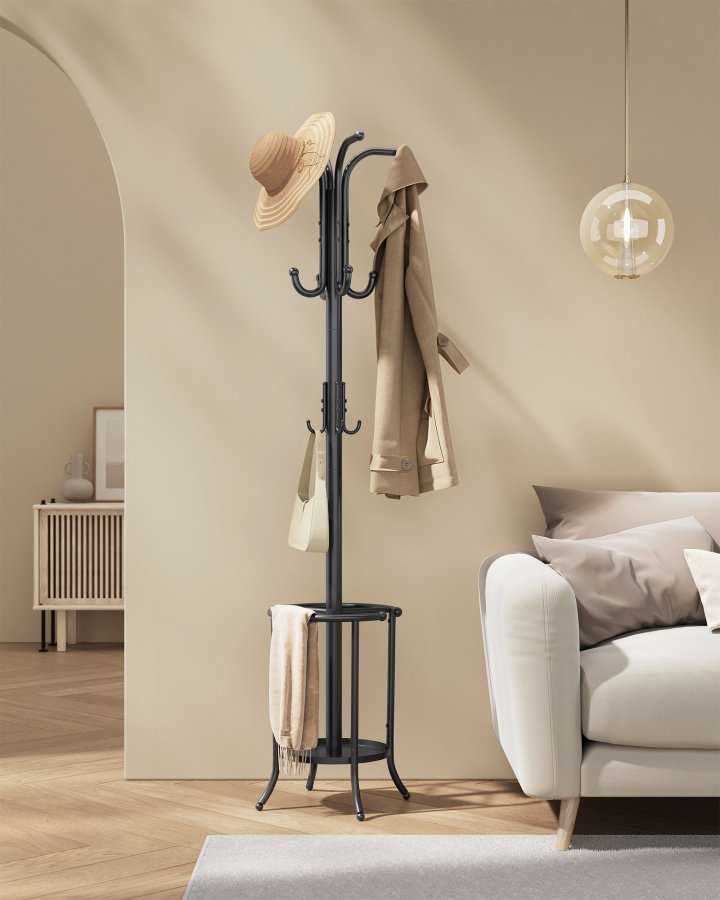 SONGMICS Frittst�ende klesstativ, kjolestativ med paraplyholder, 12 kroker, metall, 175 cm h�y, for gang, stue, soverom, blekksvart RCR011B01