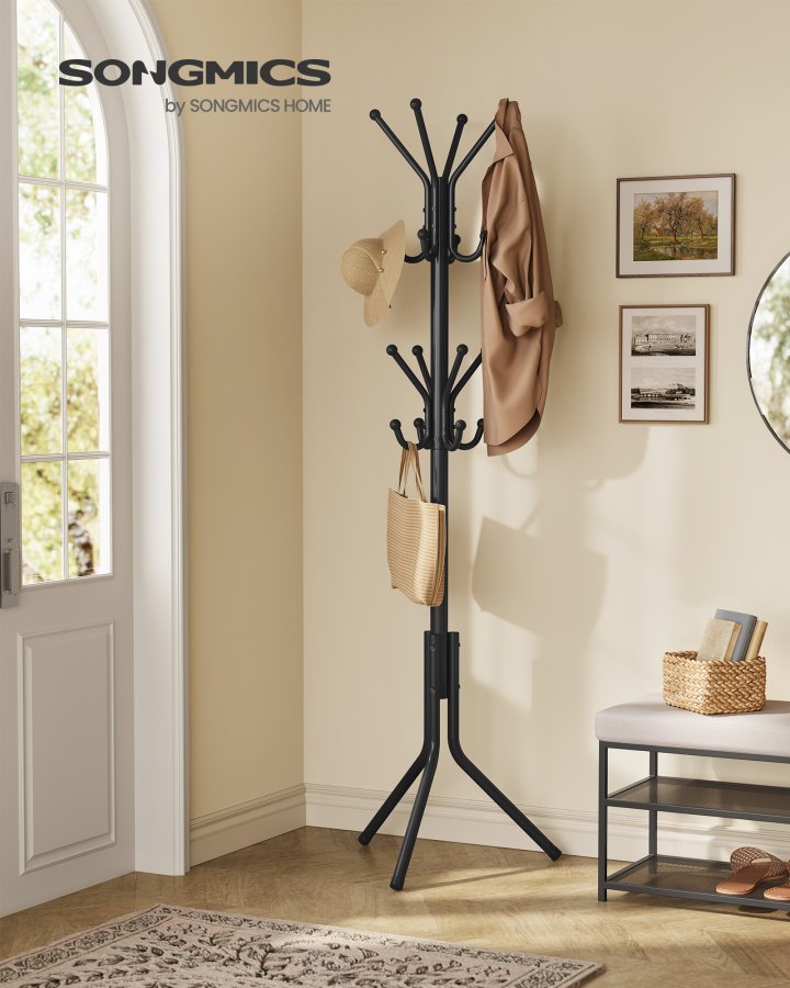 SONGMICS Knagerull, metallknagerull, frittst�ende oppbevaringshylle for kl�r, vesker, hatter, 175 cm h�y, 16 kroker, for gang, stue, soverom, blekksvart RCR081BH01