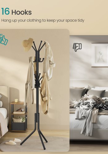 SONGMICS Knagerull, metallknagerull, frittst�ende oppbevaringshylle for kl�r, vesker, hatter, 175 cm h�y, 16 kroker, for gang, stue, soverom, blekksvart RCR081BH01
