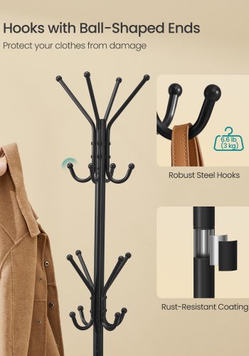 SONGMICS Knagerull, metallknagerull, frittst�ende oppbevaringshylle for kl�r, vesker, hatter, 175 cm h�y, 16 kroker, for gang, stue, soverom, blekksvart RCR081BH01