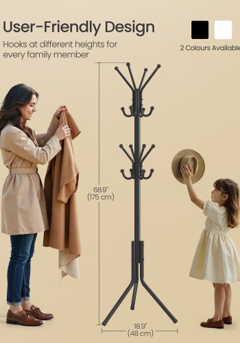 SONGMICS Knagerull, metallknagerull, frittst�ende oppbevaringshylle for kl�r, vesker, hatter, 175 cm h�y, 16 kroker, for gang, stue, soverom, blekksvart RCR081BH01