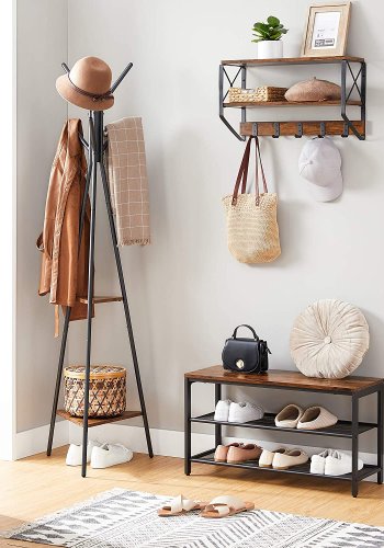 VASAGLE Stehpult, mit 6 Haken und 2 Ablagen – braune Spanplatte und schwarzer Stahl