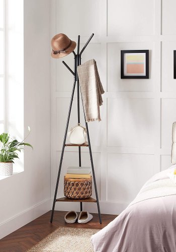 VASAGLE Stehpult, mit 6 Haken und 2 Ablagen – braune Spanplatte und schwarzer Stahl