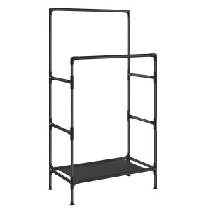 SONGMICS Klesstativ, T�rkestativ for kl�r, Metallstativ med 2 hengestativer og oppbevaringshylle, Maks. belastning 55 kg, Enkel montering, Svart RDR001B02