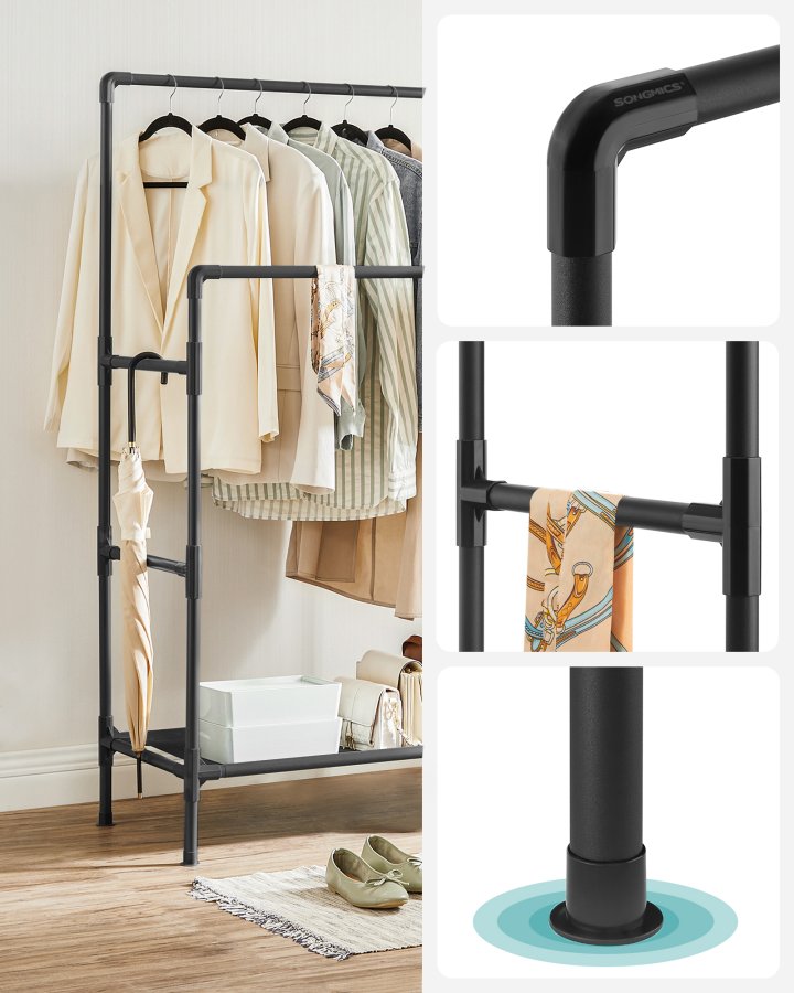 SONGMICS Kl&auml;dst&auml;llning, Torkst&auml;llning f&ouml;r kl&auml;der, Metallst&auml;llning med 2 h&auml;ngst&auml;ll och f&ouml;rvaringshylla, Max belastning 55 kg, Enkel montering, Svart RDR001B02