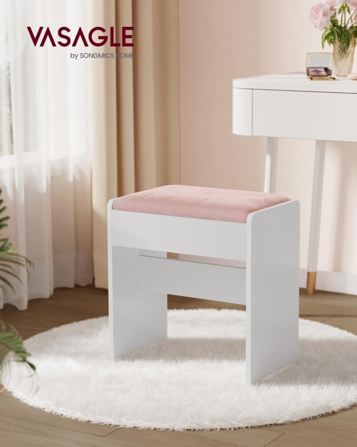 VASAGLE RDS001W01 Toiletbordskammel Polstret fl�jls makeupskammel med skridsikre fodpuder til omkl�dningsrum, sovev�relse, entr&eacute;, mat hvid pastelrosa