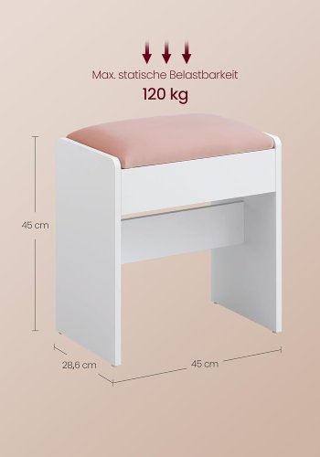 VASAGLE RDS001W01 Toiletbordskammel Polstret fl�jls makeupskammel med skridsikre fodpuder til omkl�dningsrum, sovev�relse, entr&eacute;, mat hvid pastelrosa